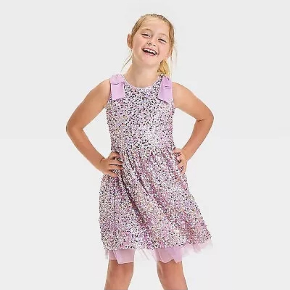 Cat & Jack Girls' Sleeveless Sequin Tulle Dress - Lavender, L (10/12)